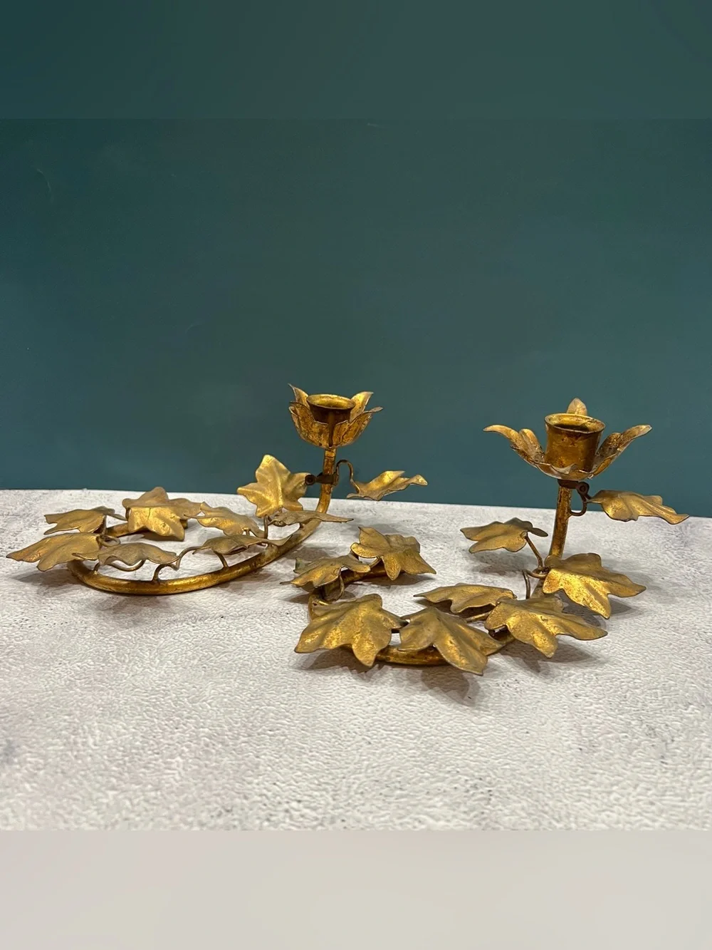 Vintage MCM Italian Gilt Metal Tole Candle Holder Set Ivy Leaf Hollywood Regency